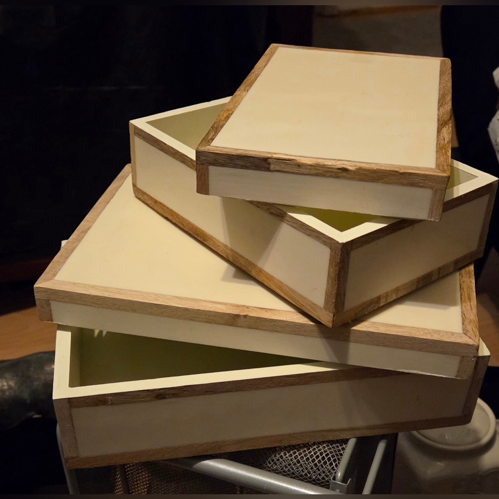 2-Set Marquez Impix Mfg Decorative Wood Edge Trim Box Resin Inlay Ivory Tone